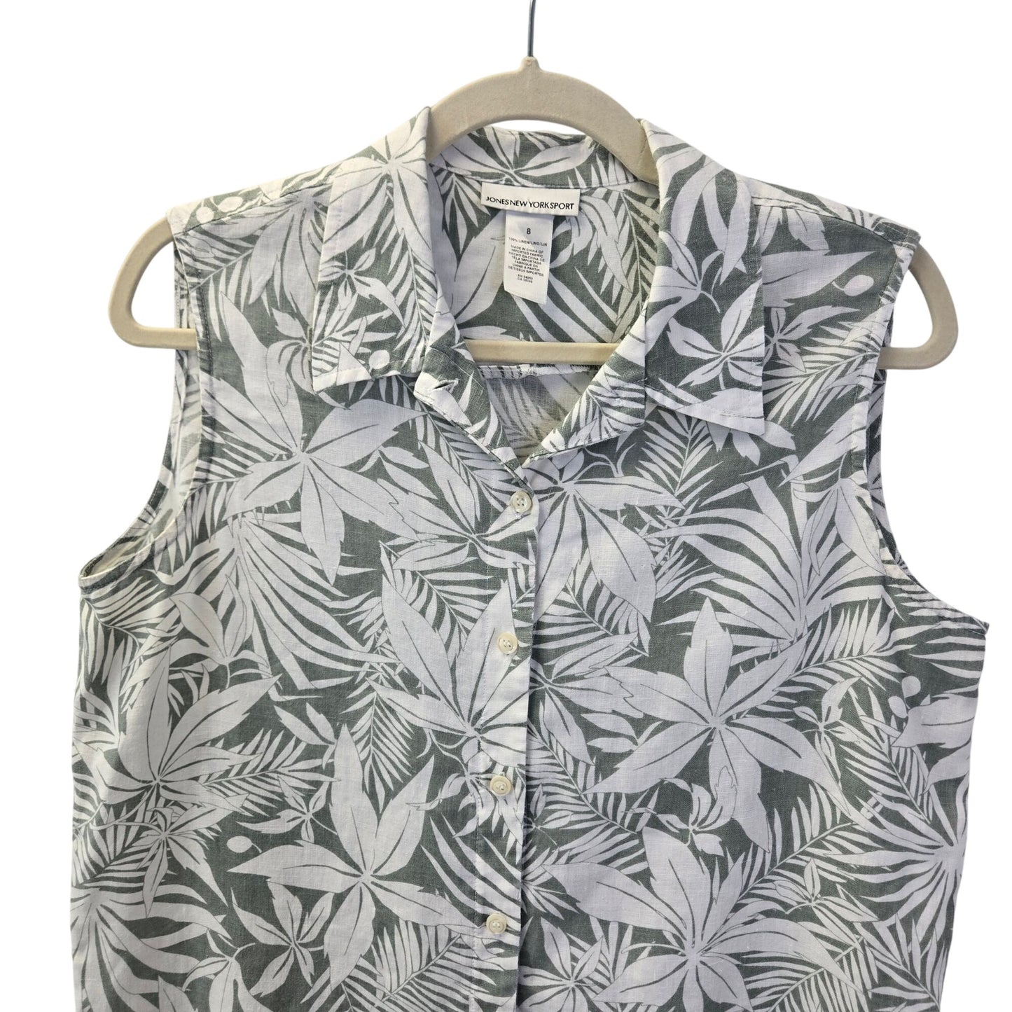 Jones New York Sport 100% Linen Tropical Print Button Down Shirt Size 8