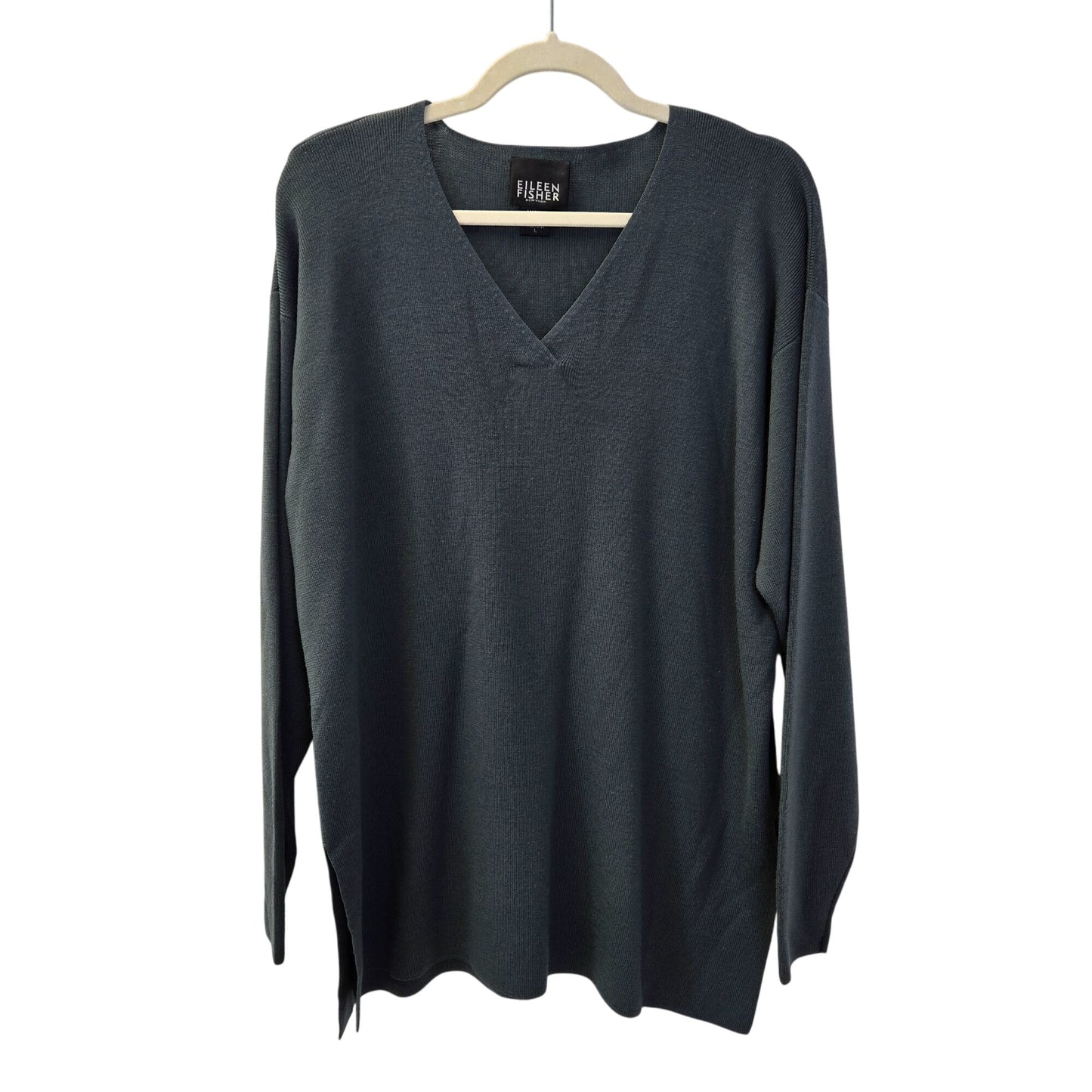 Eileen Fisher 100% Wool V-Neck Split Hem Tunic Sweater Size Large