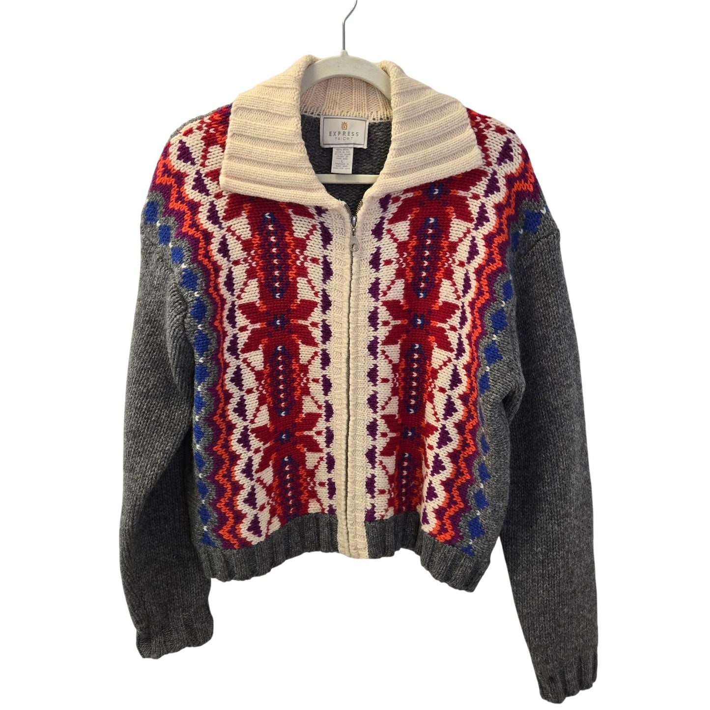 Express Tricot Vintage 100% Wool Fair Isle Print Full Zip Sweater Size Large