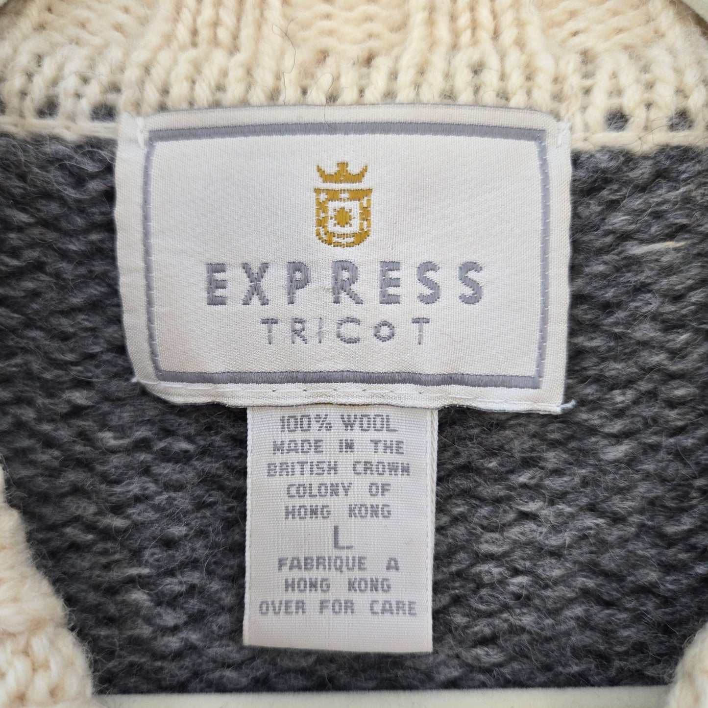 Express Tricot Vintage 100% Wool Fair Isle Print Full Zip Sweater Size Large