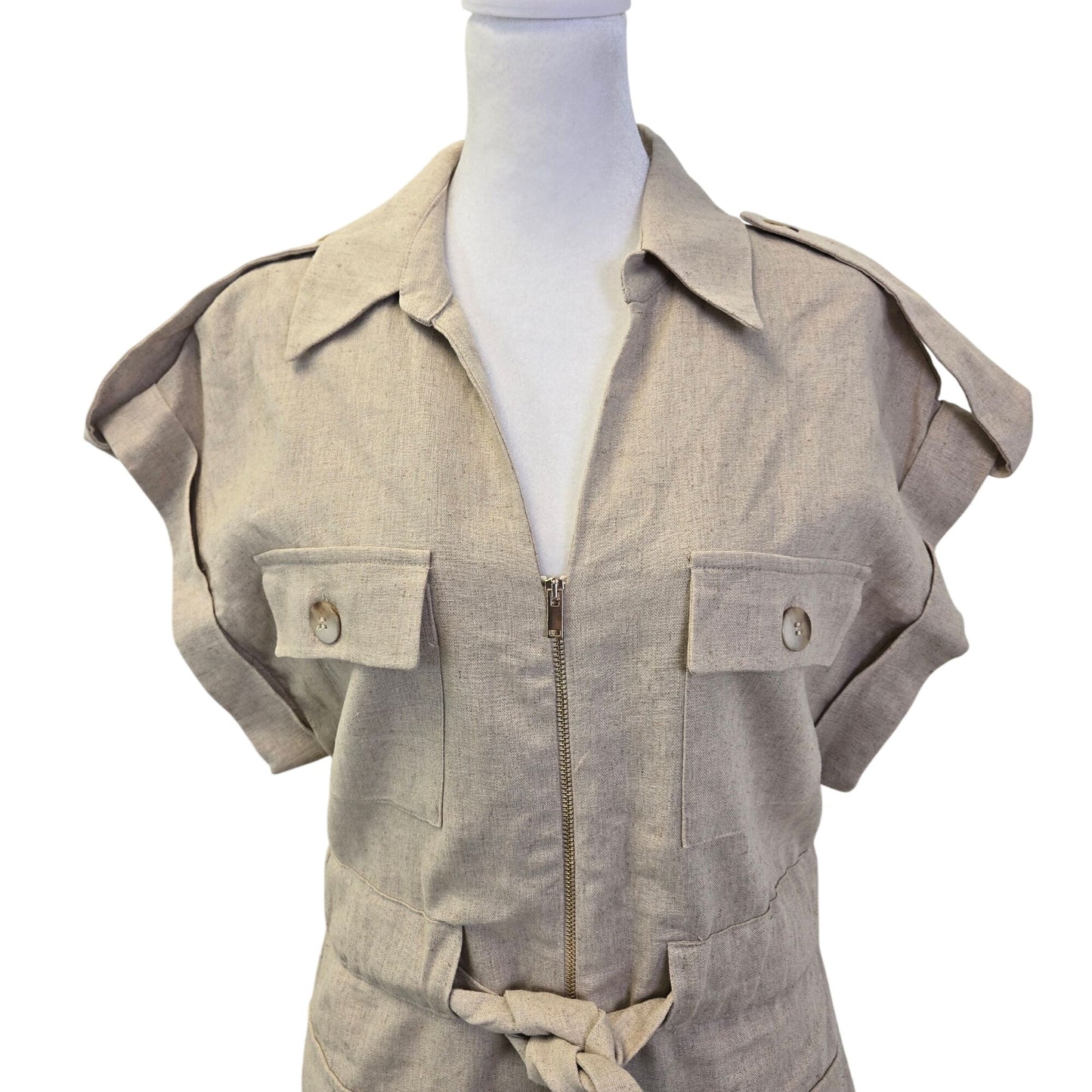 Zara Linen & Viscose Blend Zipper Closure Utility Safari Dress Size Small