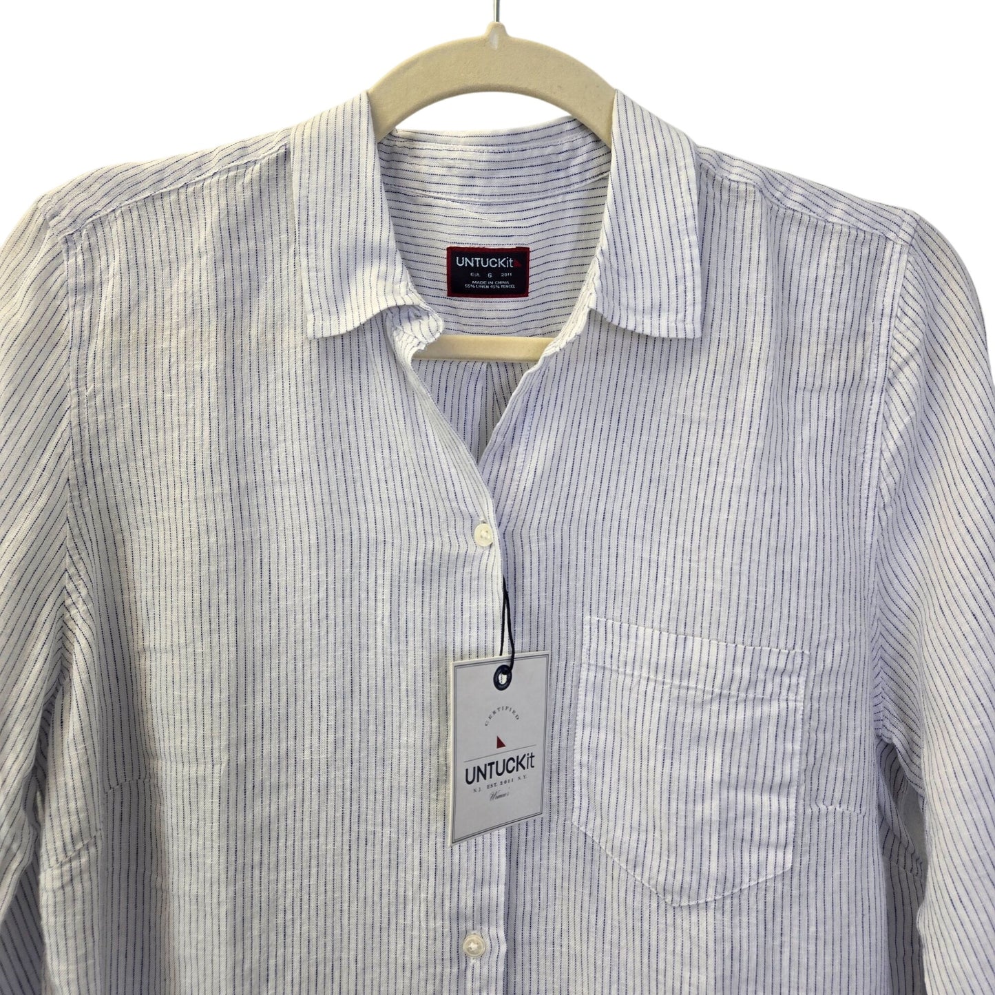 NWT UNTUCKit Linen Blend Angelen Striped Long Sleeve Button Down Shirt Size 6