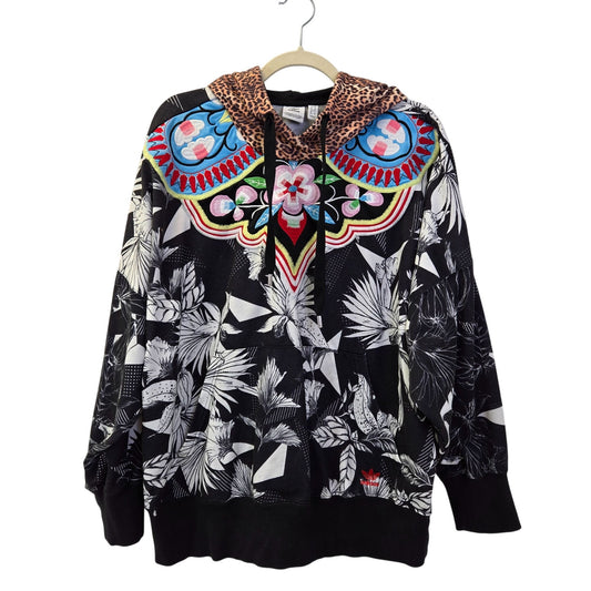 Adidas x FARM Mixed Media Floral Embroidered Tropical Leopard Print Hoodie L