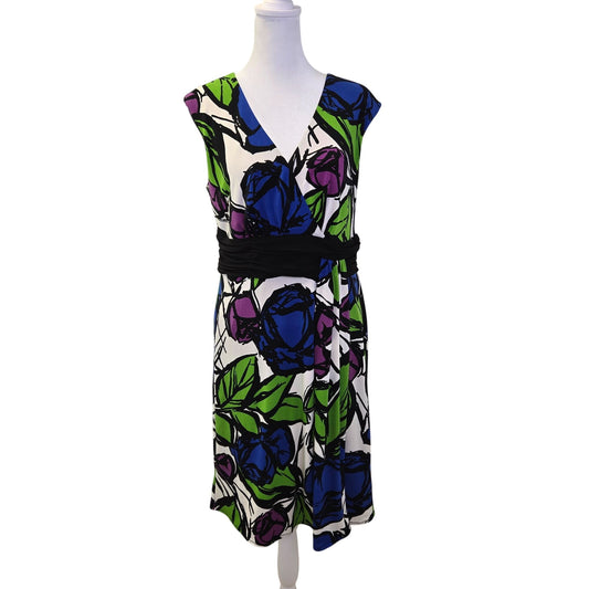 London Times Floral Cascading Pleat V-Neck Sleeveless Dress Size 12