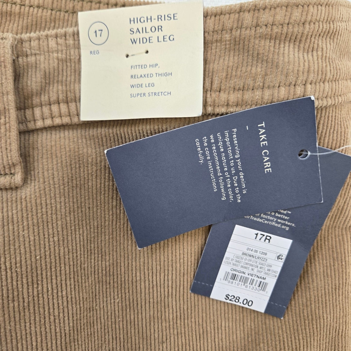 NWT Universal Thread High Rise Sailor Wide Leg Corduroy Pants Size 17