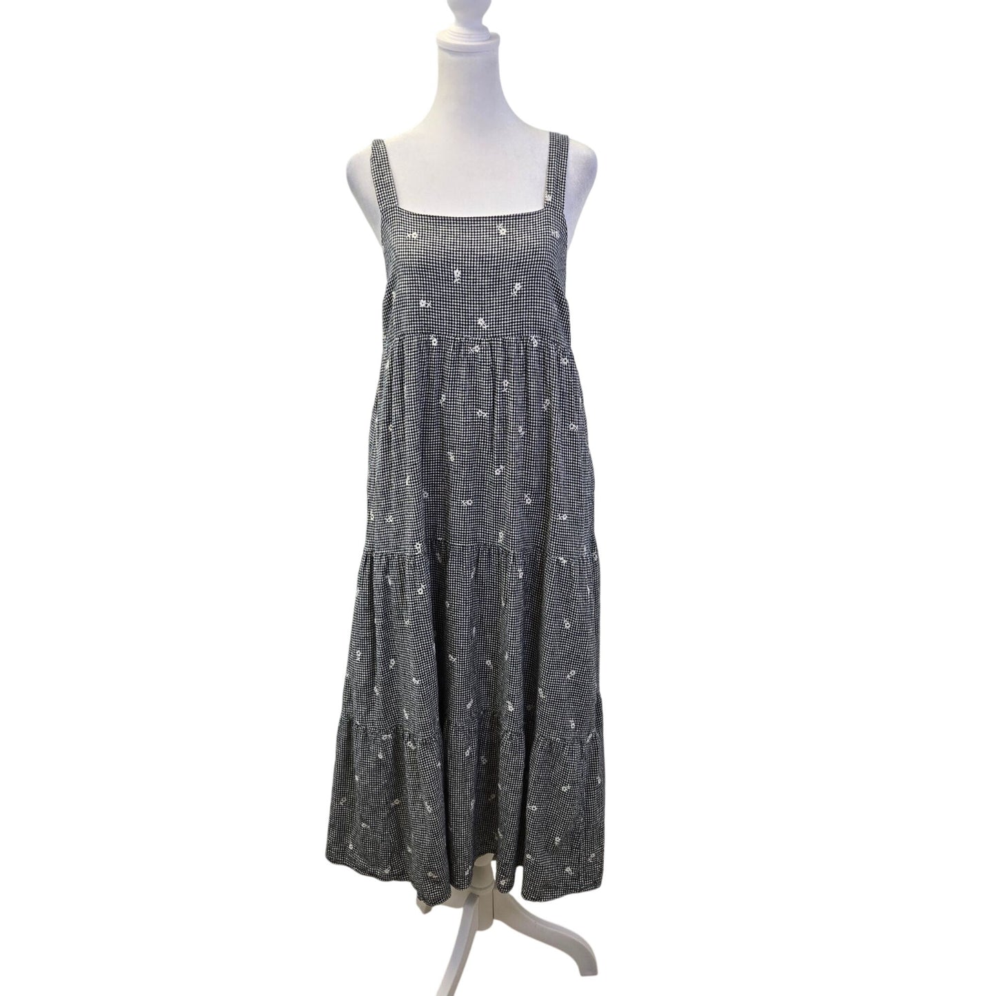 Madewell Linen Blend Embroidered Tiered Midi Dress in Gingham Check Size Small