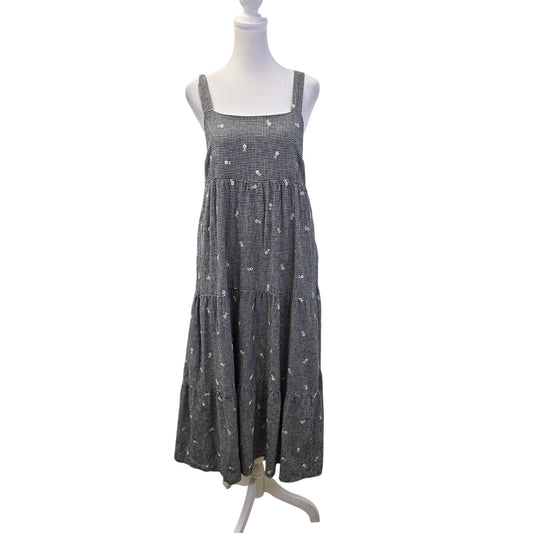 Madewell Linen Blend Embroidered Tiered Midi Dress in Gingham Check Size Small