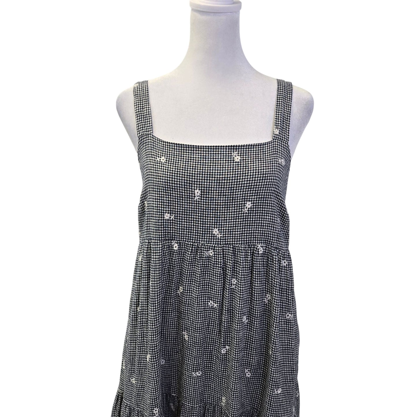 Madewell Linen Blend Embroidered Tiered Midi Dress in Gingham Check Size Small