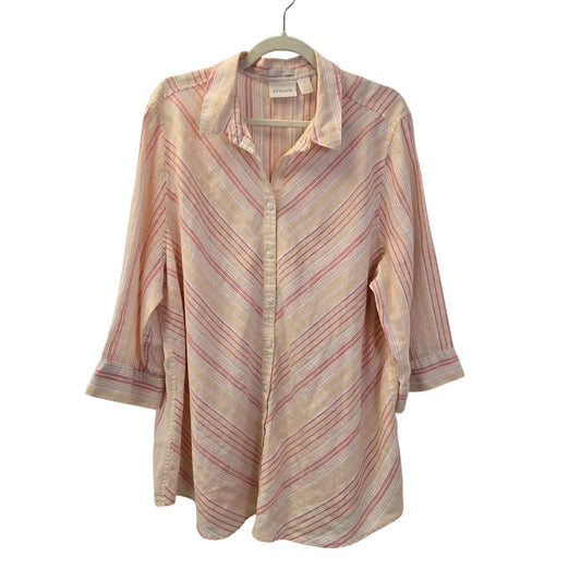 Chico's Non-Iron 100% Linen Striped 3/4 Sleeve Button Down Shirt Size Chico's 4/2X