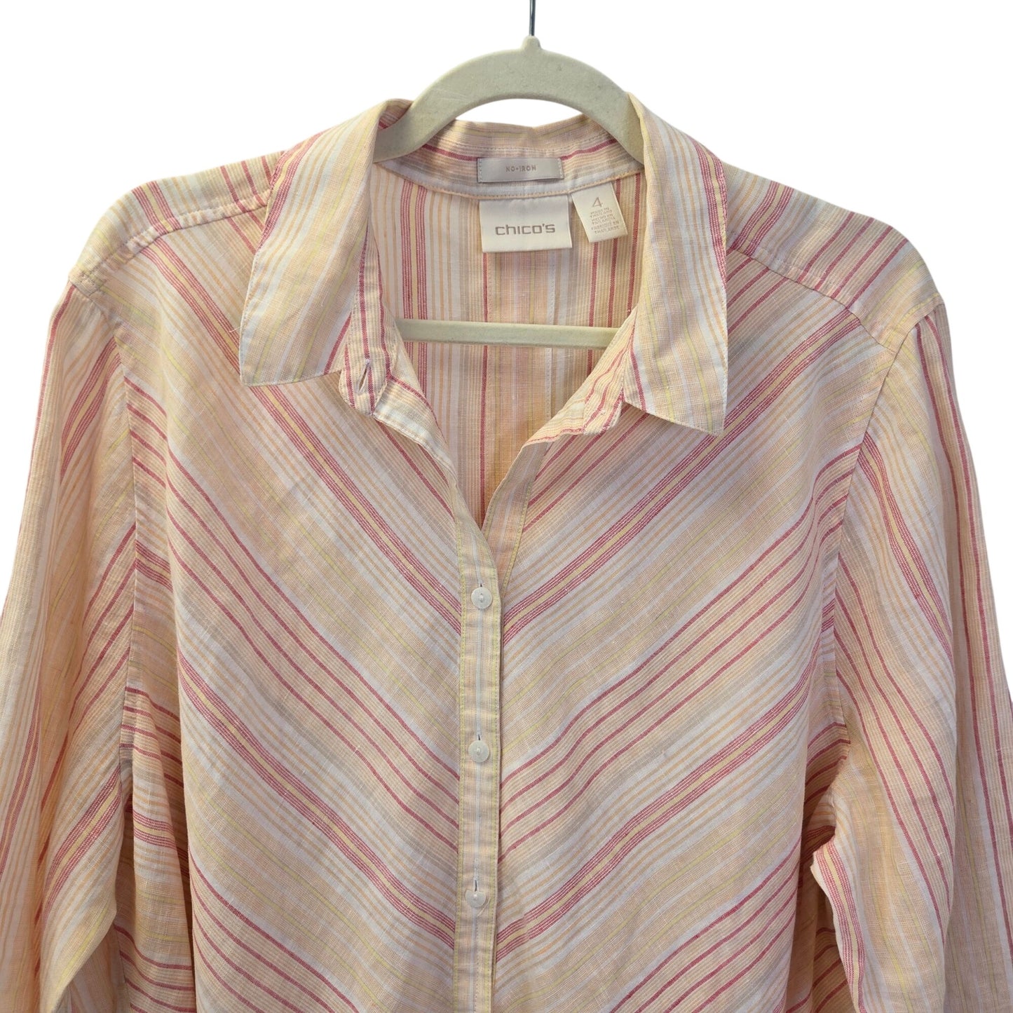 Chico's Non-Iron 100% Linen Striped 3/4 Sleeve Button Down Shirt Size Chico's 4/2X
