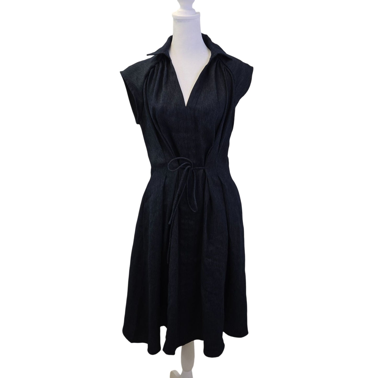 NWT OGL Viscose-Linen Weave Collared V-neck Midi Chambray Dress Size Medium