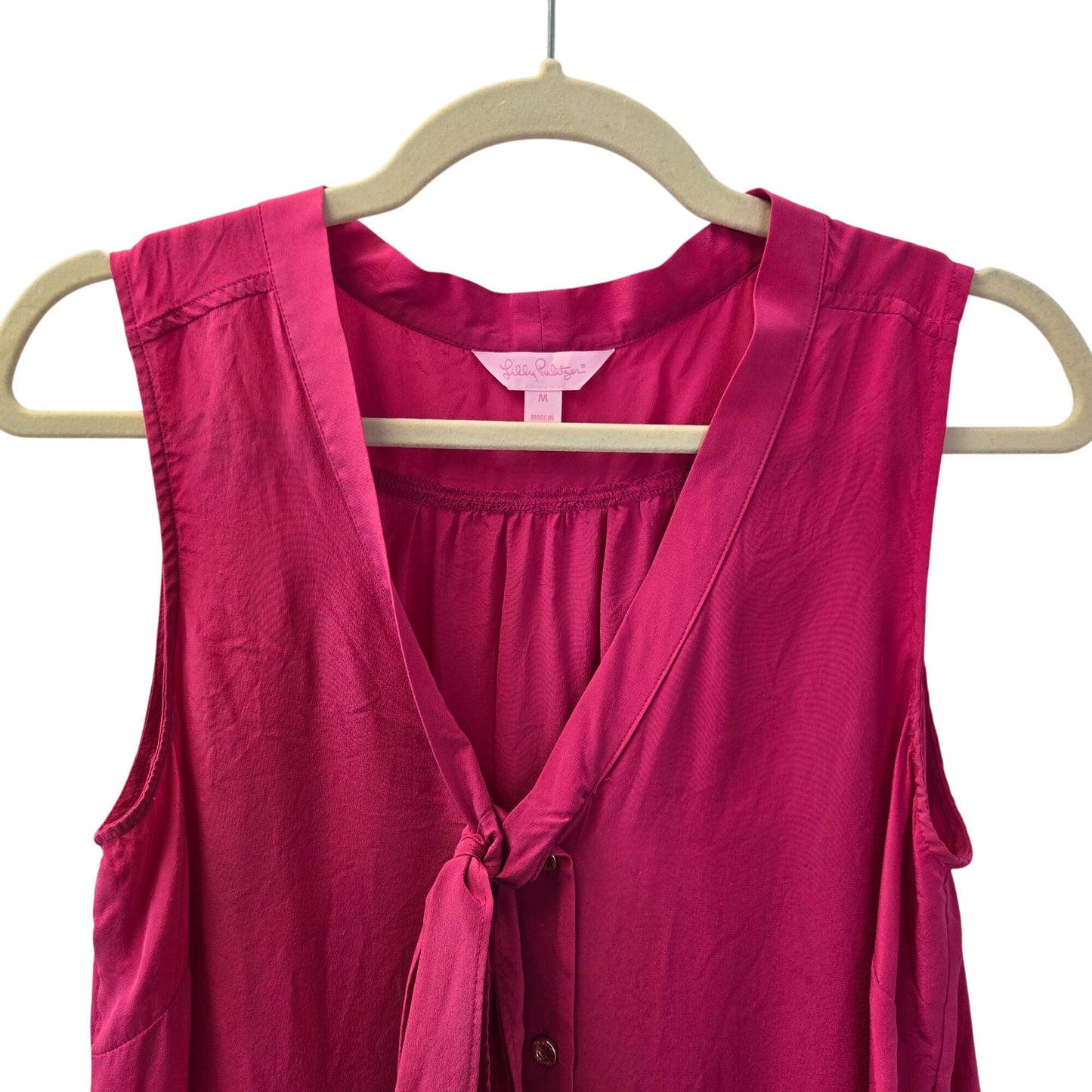 Lilly Pulitzer 100% Silk Button Down Tie Neck Sleeveless Blouse Size Medium