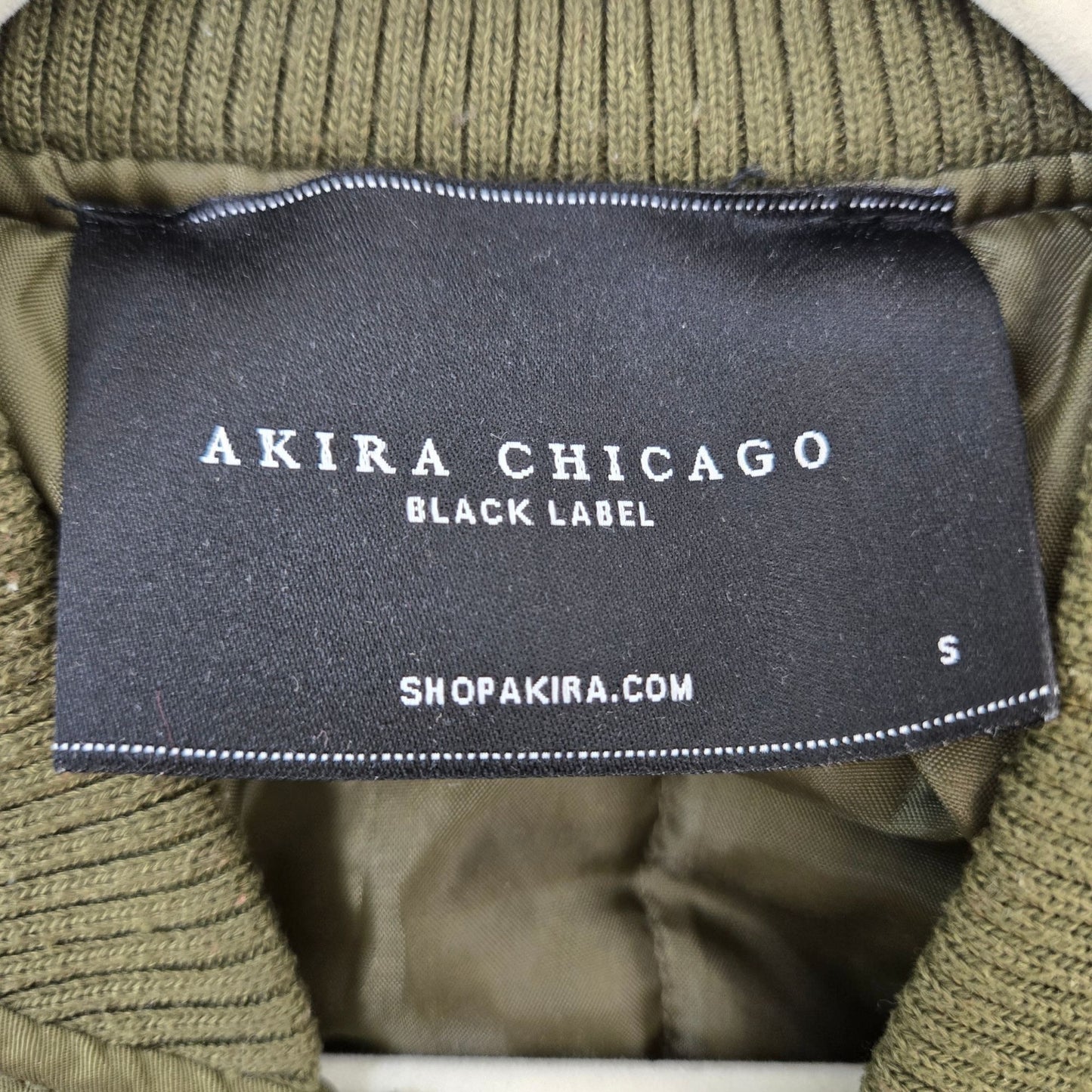 Akira Chicago Black Label Green Satin Ruched Sleeve Bomber Jacket Size Small