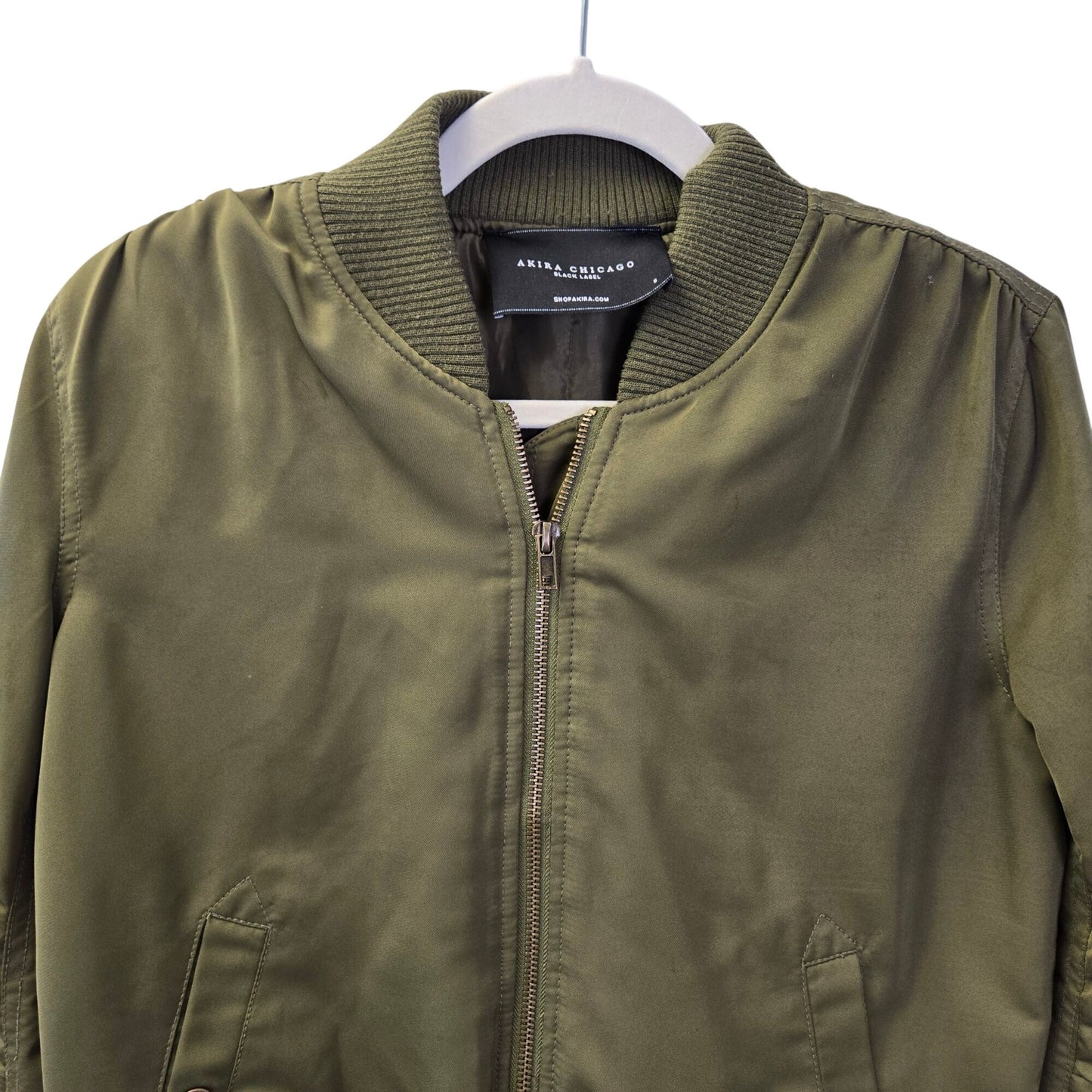 Akira Chicago Black Label Green Satin Ruched Sleeve Bomber Jacket Size Small