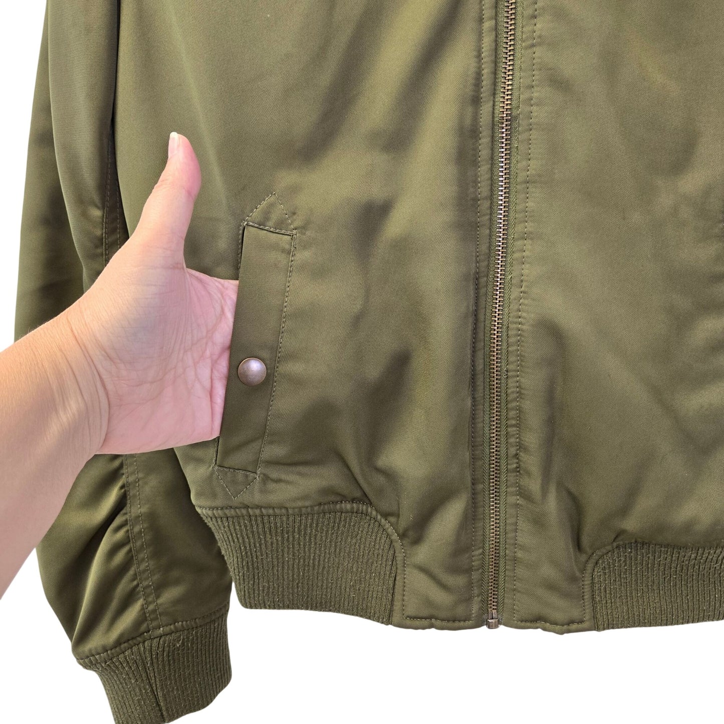 Akira Chicago Black Label Green Satin Ruched Sleeve Bomber Jacket Size Small