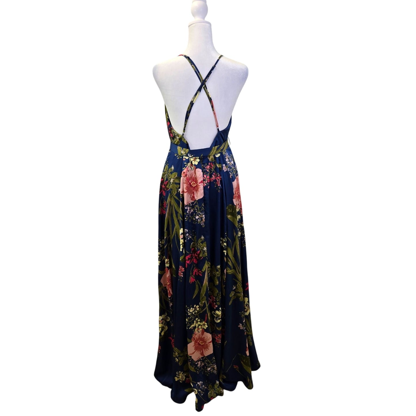 Lulu's Still the One Blue Floral Print Satin Maxi Dress Size Large