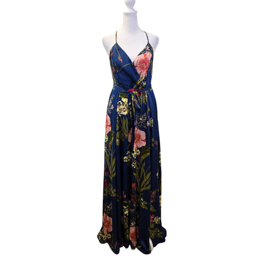 Lulu's Still the One Blue Floral Print Satin Maxi Dress Size Large