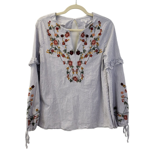 Socialite Striped Floral Embroidered Boho Top Size Medium