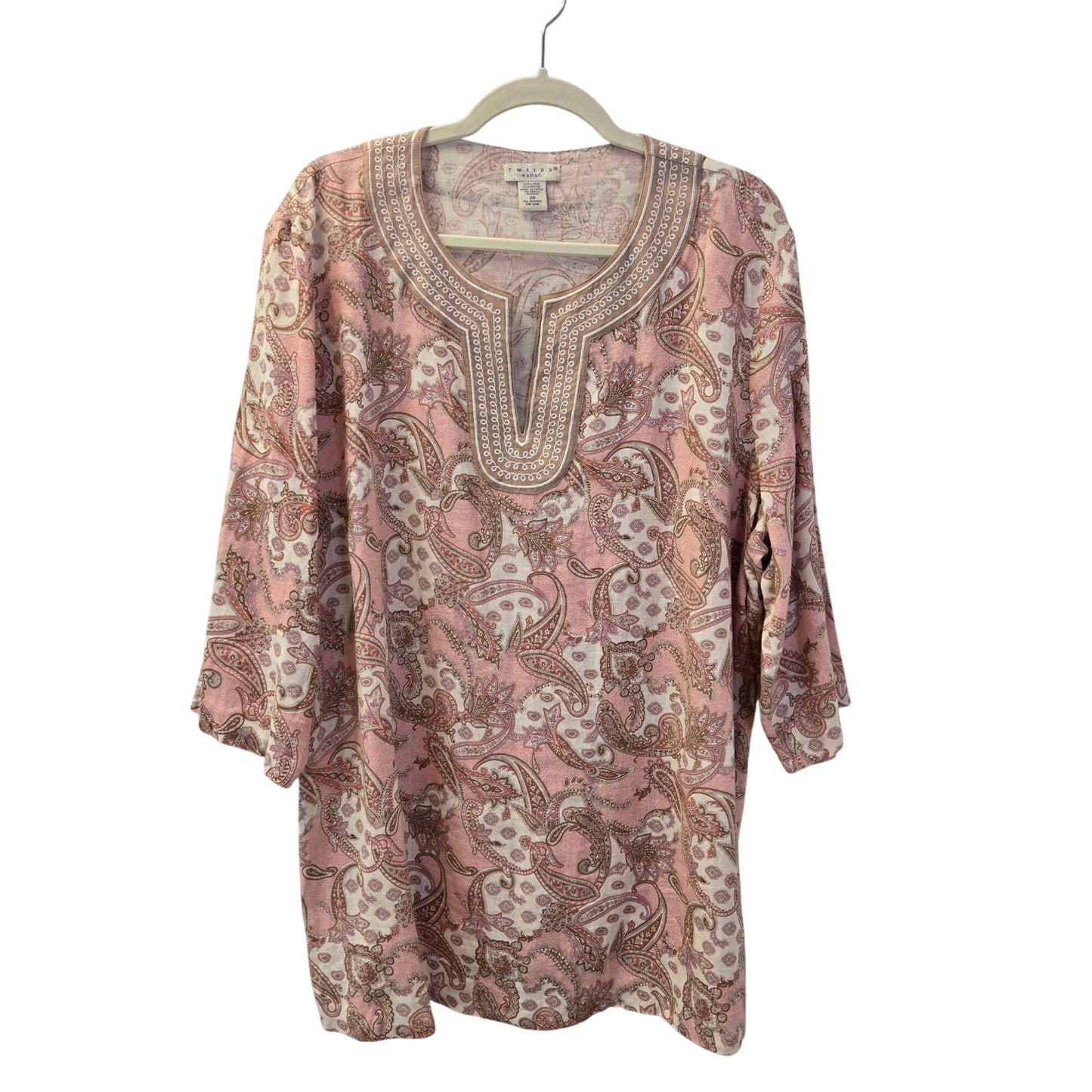 Tweeds Woman Linen Blend Paisley Print Popover Tunic Top Size 2X