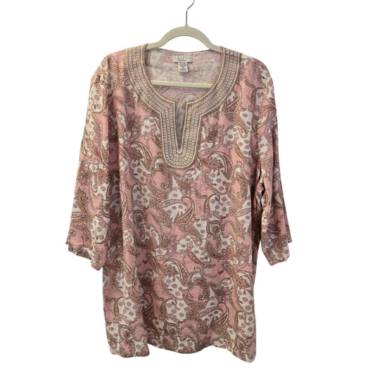 Tweeds Woman Linen Blend Paisley Print Popover Tunic Top Size 2X