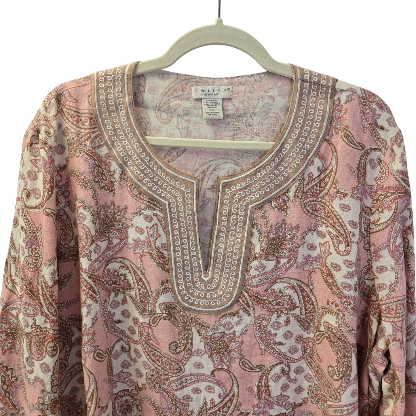 Tweeds Woman Linen Blend Paisley Print Popover Tunic Top Size 2X