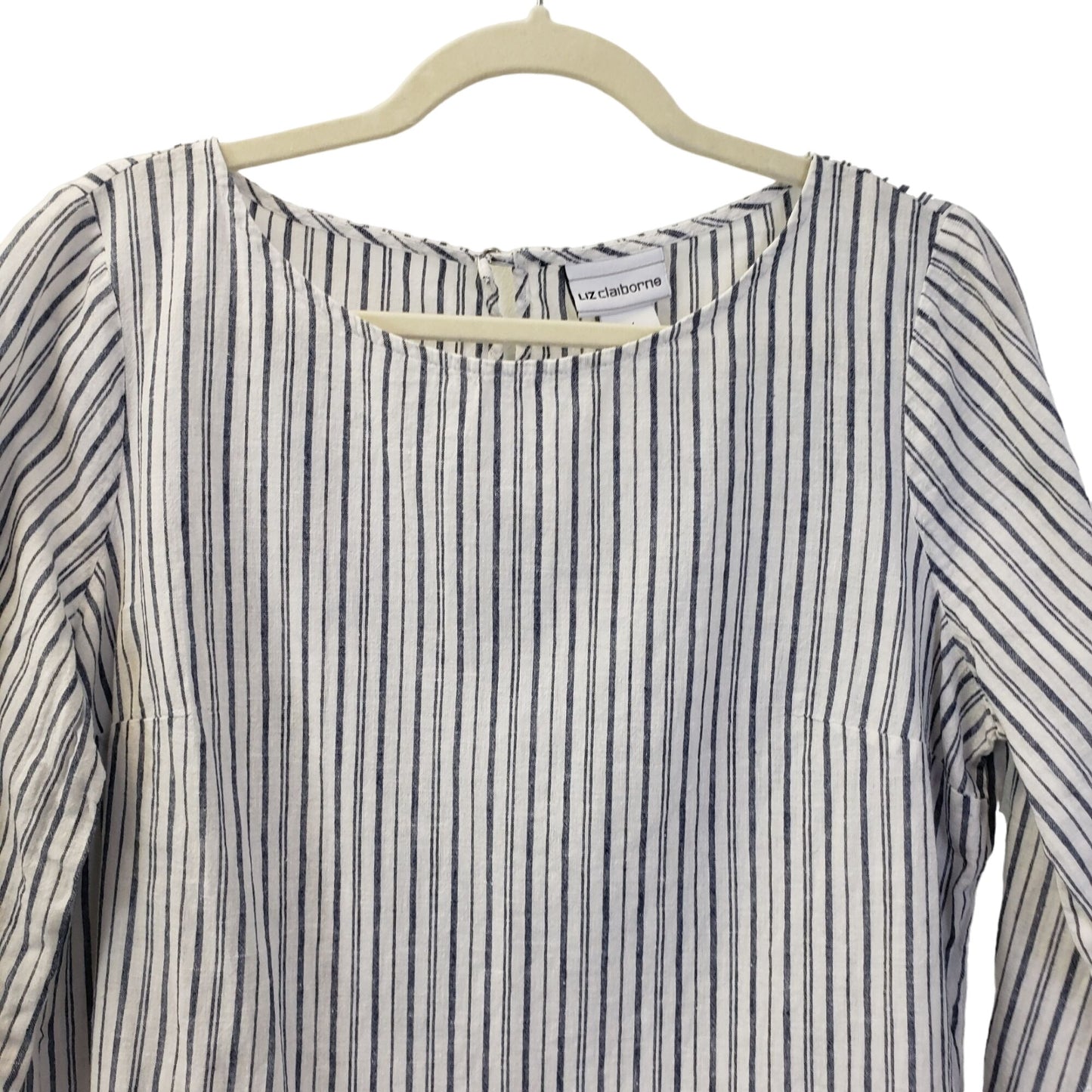 Liz Claiborne Striped Linen Blend Scalloped Sleeve Top Size Medium