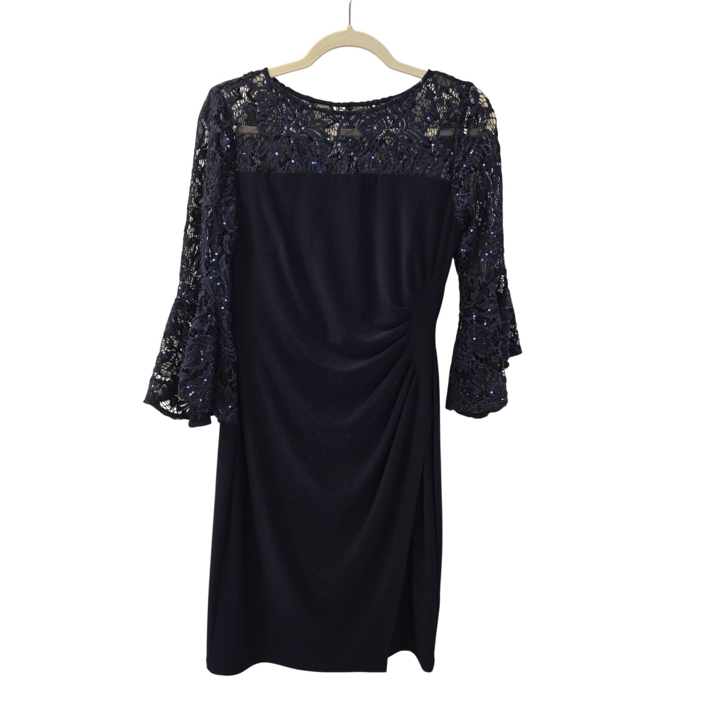 Lauren Ralph Lauren Navy Ruched Sequin Embellished Lace Bell Sleeve Dress Size 4