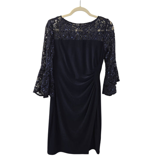 Lauren Ralph Lauren Navy Ruched Sequin Embellished Lace Bell Sleeve Dress Size 4
