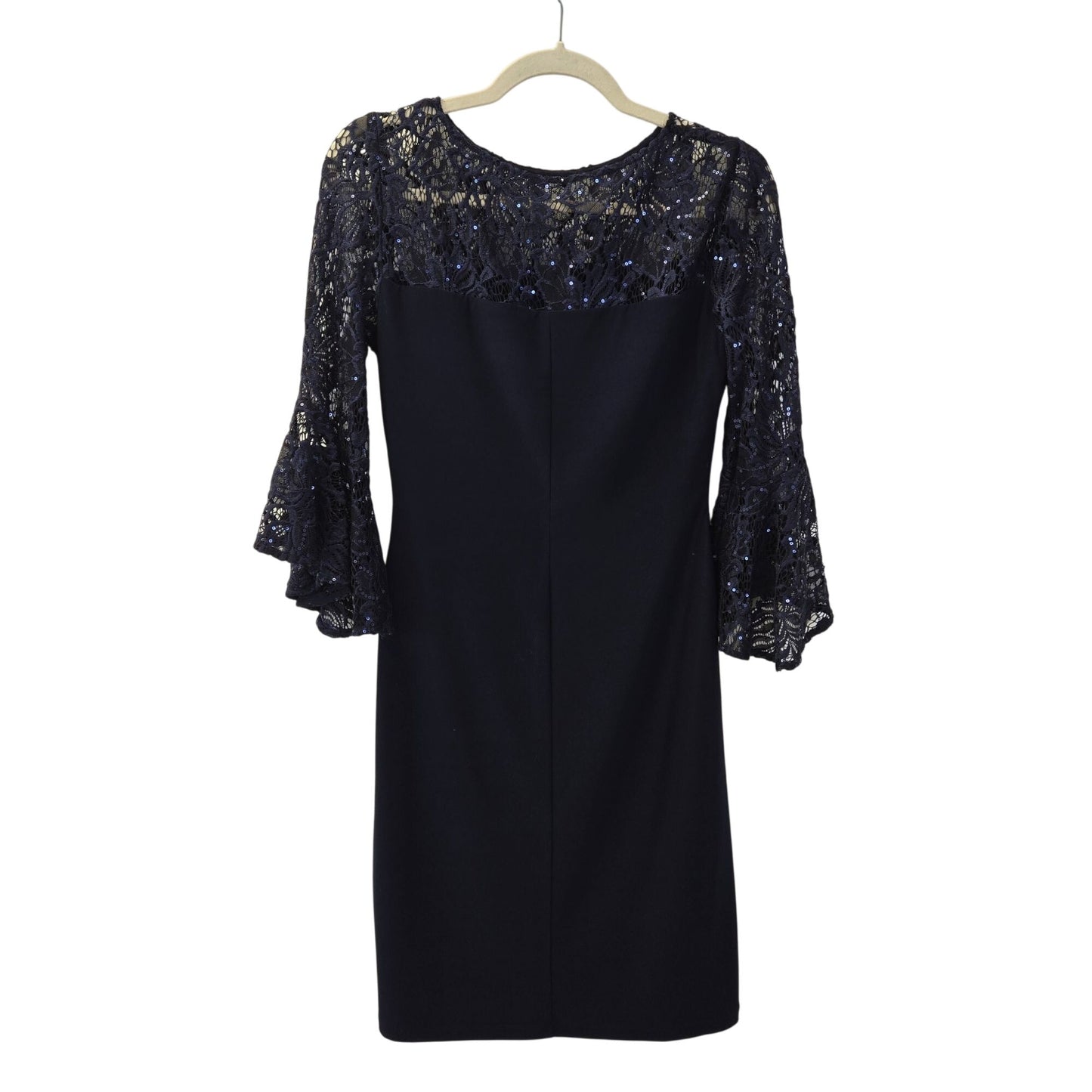 Lauren Ralph Lauren Navy Ruched Sequin Embellished Lace Bell Sleeve Dress Size 4