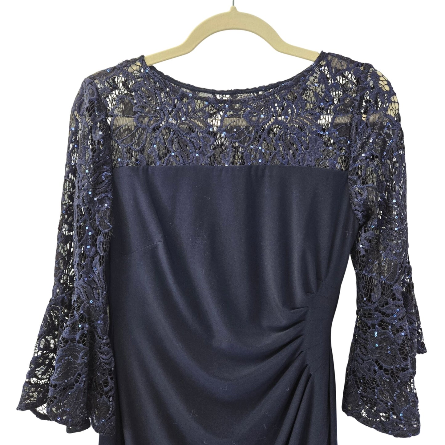 Lauren Ralph Lauren Navy Ruched Sequin Embellished Lace Bell Sleeve Dress Size 4