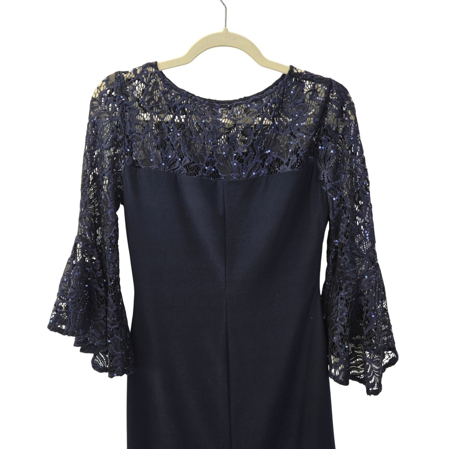Lauren Ralph Lauren Navy Ruched Sequin Embellished Lace Bell Sleeve Dress Size 4
