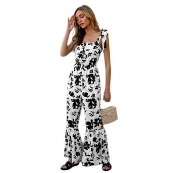 NWT Cupshe Black and White Floral Square Neck Bell Bottom Jumpsuit Size Medium