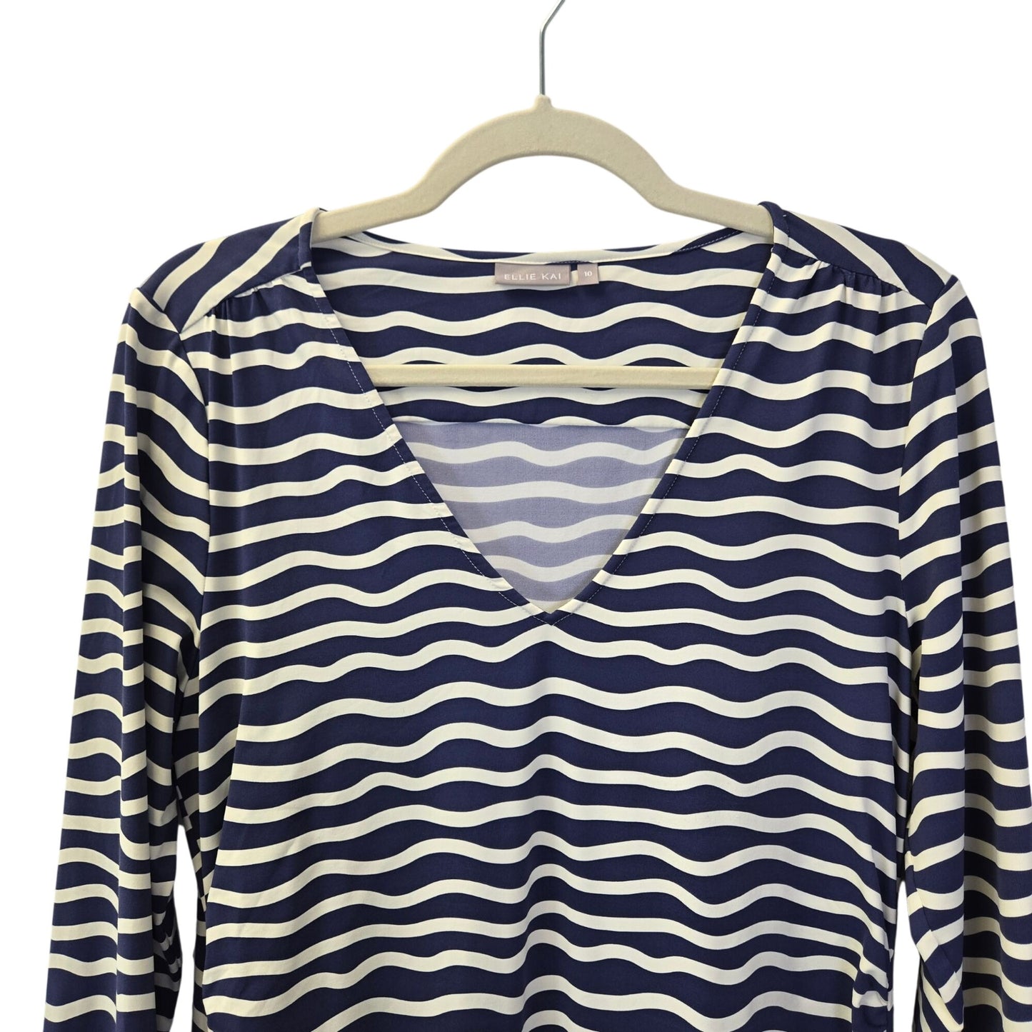 Ellie Kai Side Ruched Wavy Print V-Neck 3/4 Sleeve Dress Size 10