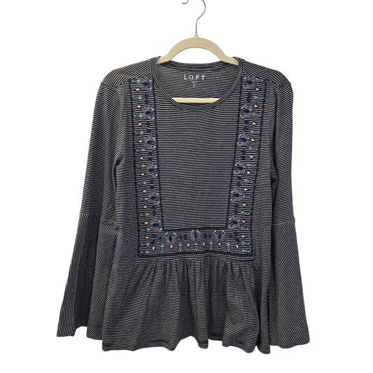 NWT Loft Striped and Floral Embroidered Bell Sleeve Boho Top Size Medium
