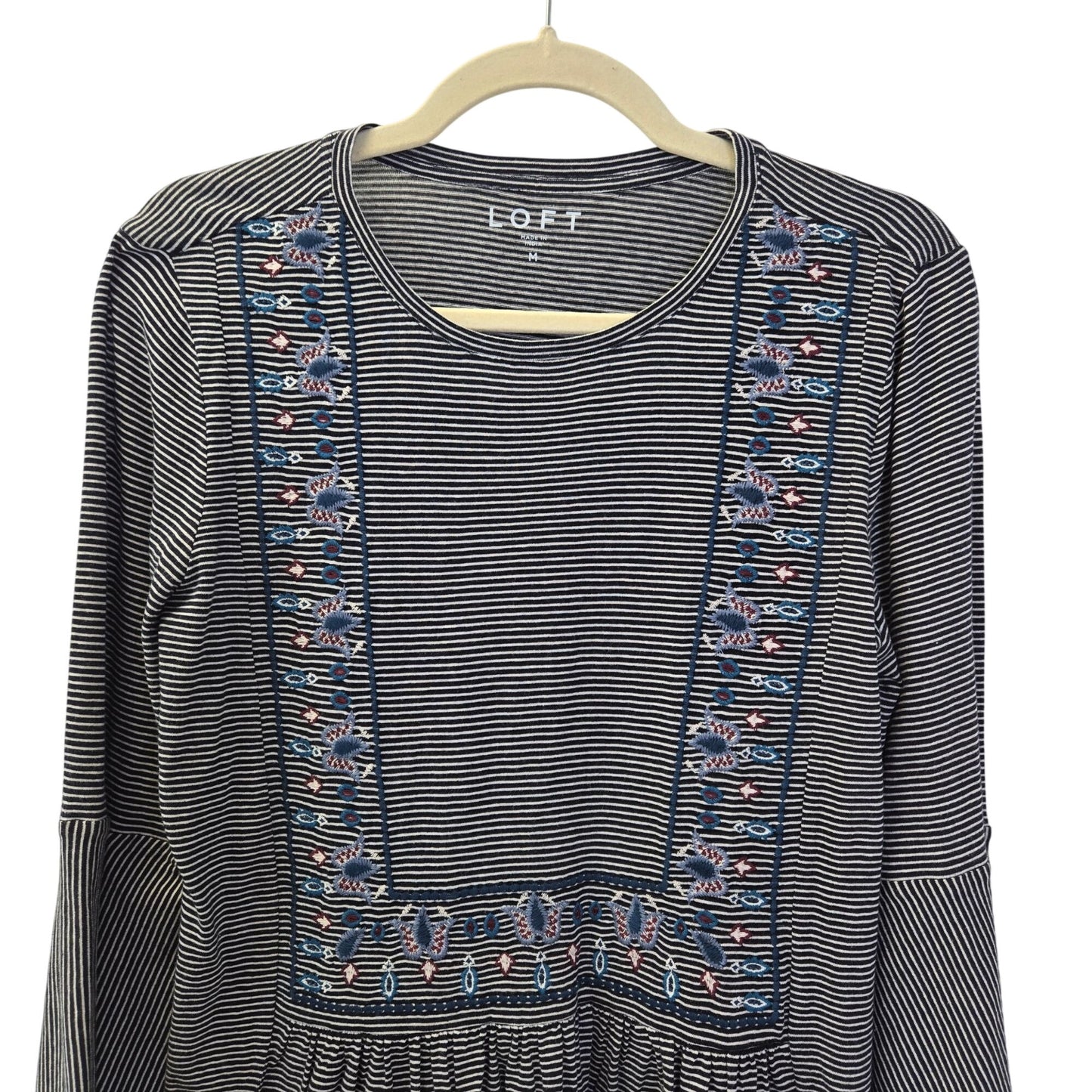 NWT Loft Striped and Floral Embroidered Bell Sleeve Boho Top Size Medium