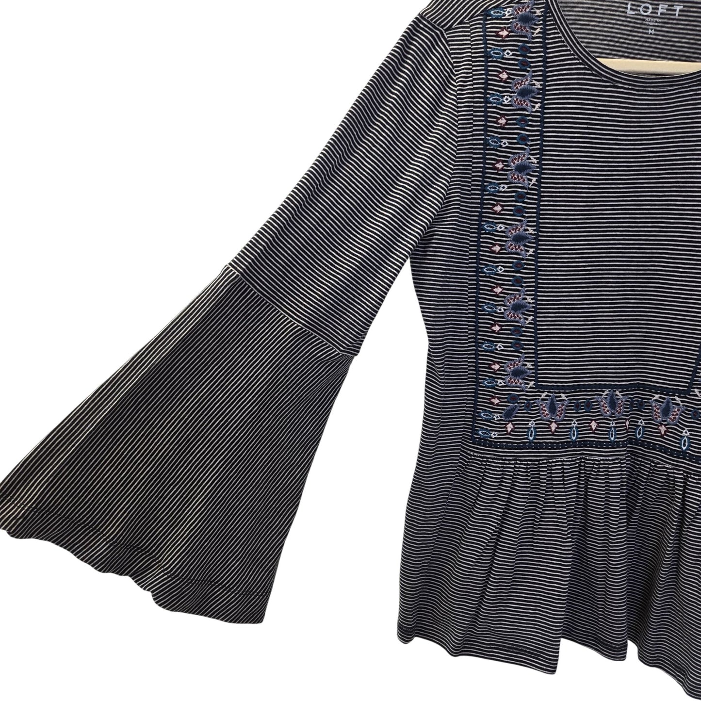 NWT Loft Striped and Floral Embroidered Bell Sleeve Boho Top Size Medium