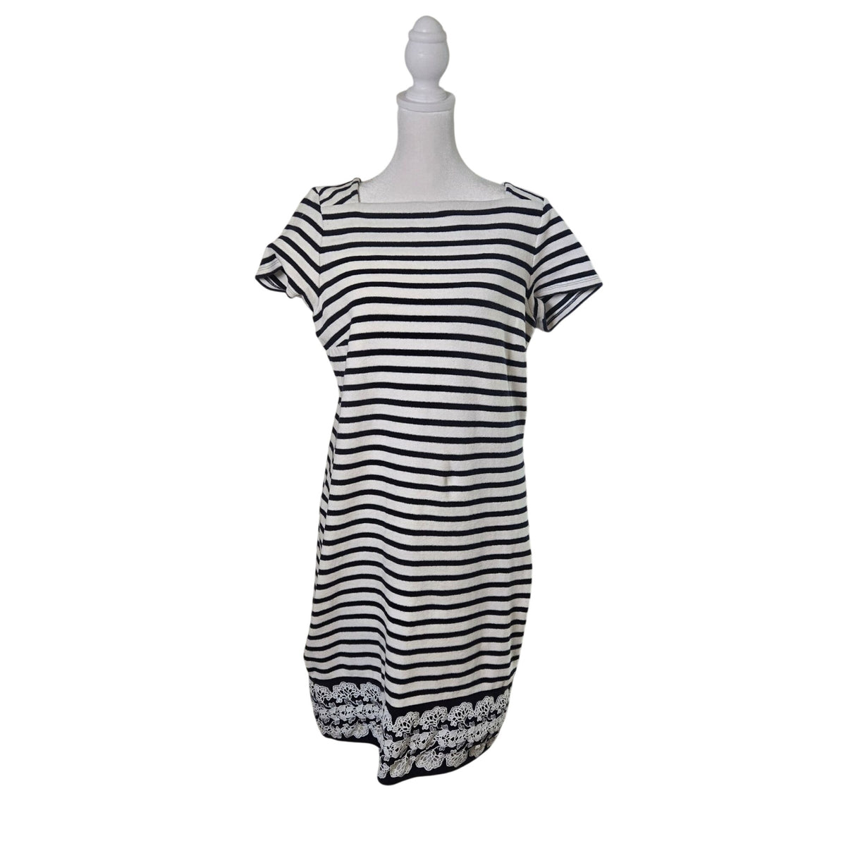Talbots Striped Knit Embroidered Hem Short Sleeve Shift Dress Size Medium