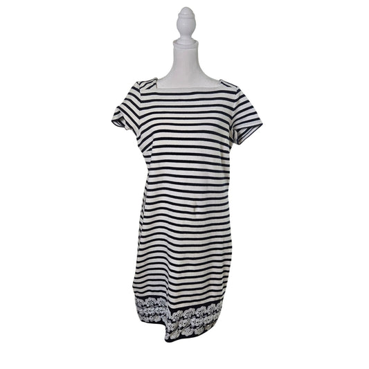 Talbots Striped Knit Embroidered Hem Short Sleeve Shift Dress Size Medium