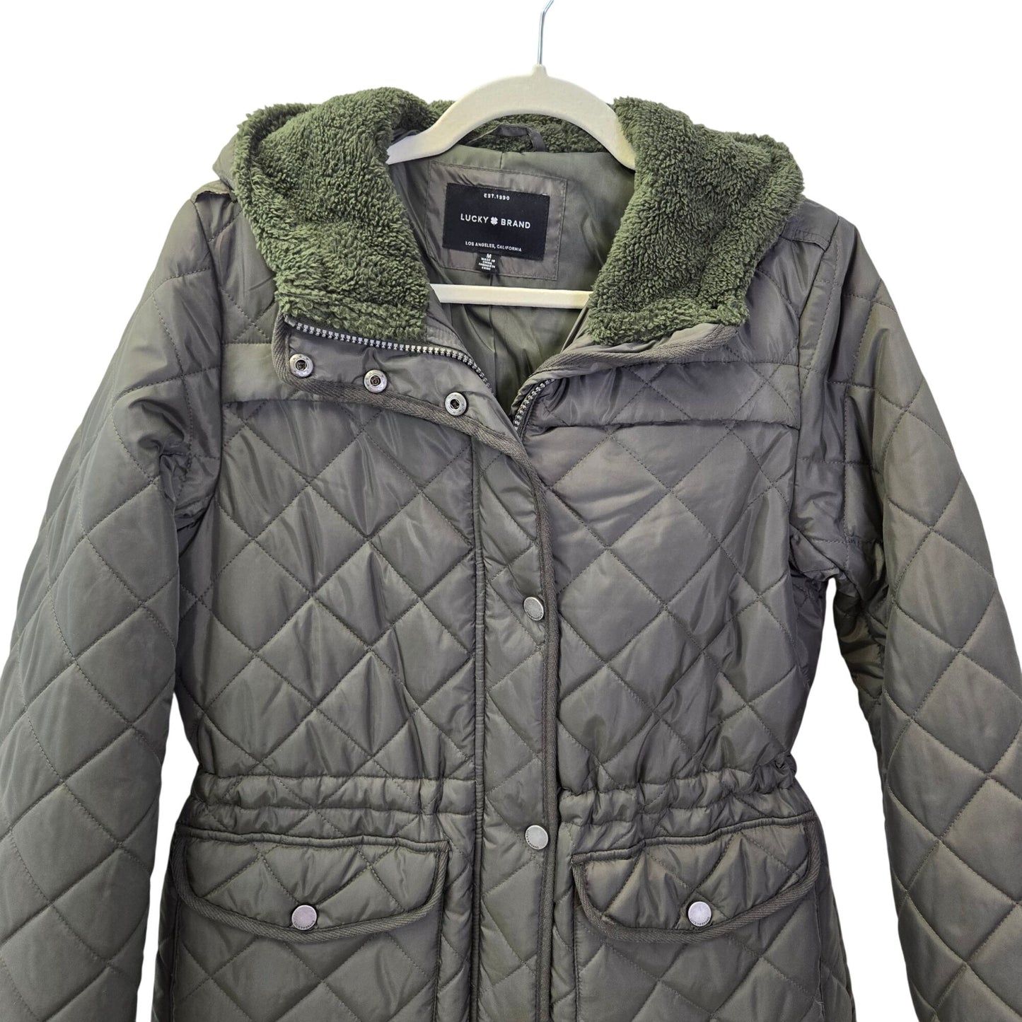 Lucky Brand Olive Green Quilted Hooded Jacket Size Medium