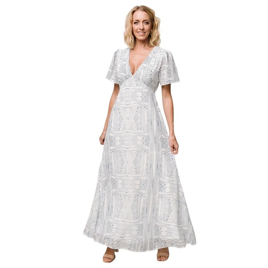 NWT Baltic Born Skyla Deep V Maxi Dress in Blue Print Size 3X
