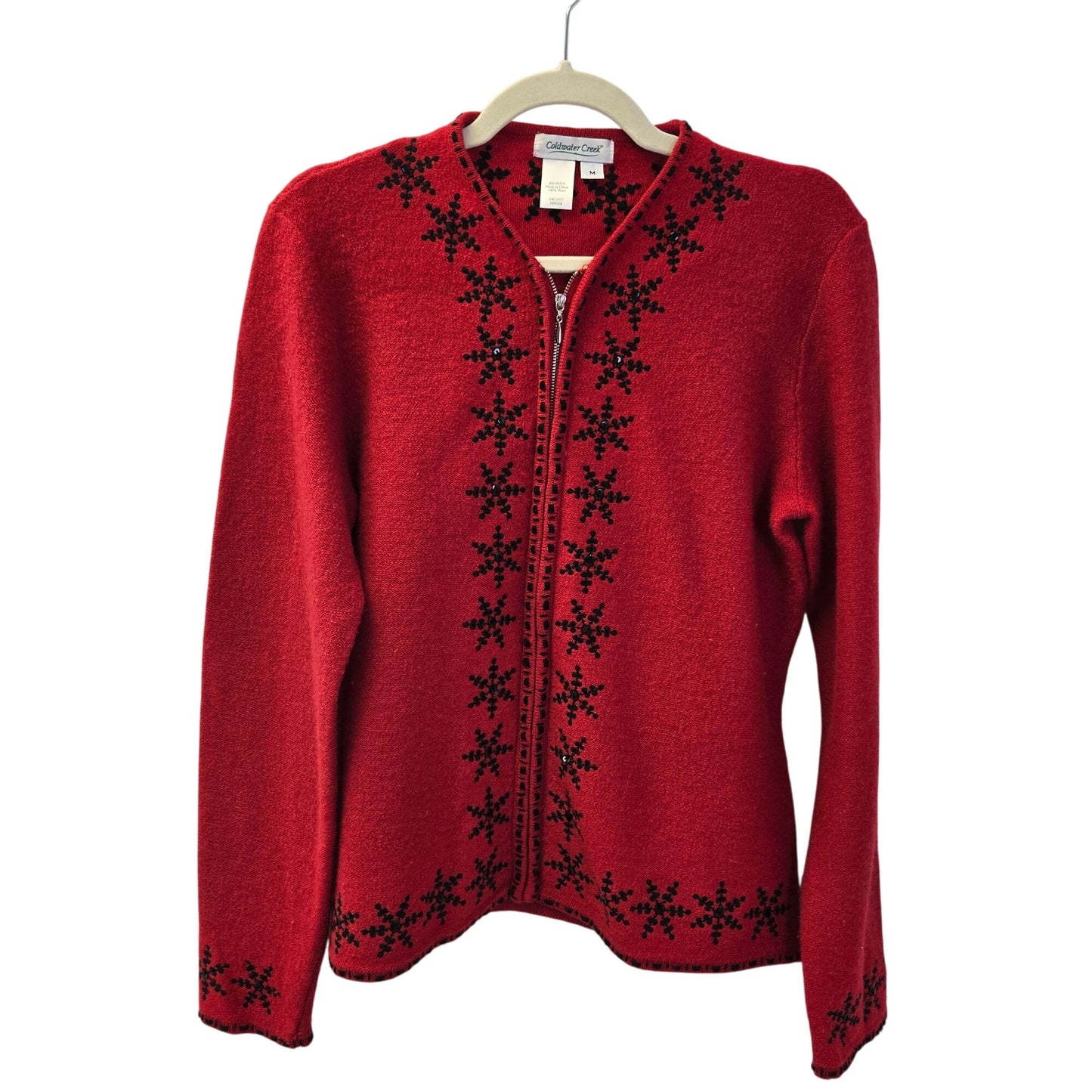 Coldwater Creek 100% Wool Snowflake Embroidered Cardigan Sweater Size Medium