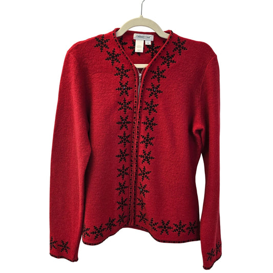 Coldwater Creek 100% Wool Snowflake Embroidered Cardigan Sweater Size Medium