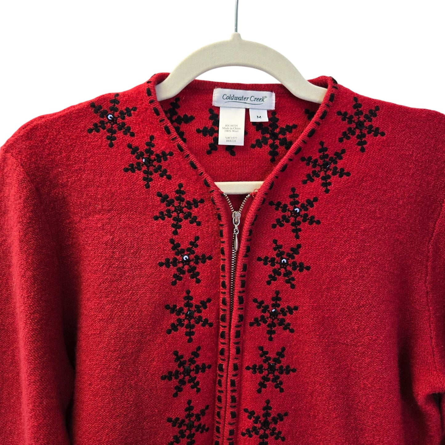Coldwater Creek 100% Wool Snowflake Embroidered Cardigan Sweater Size Medium