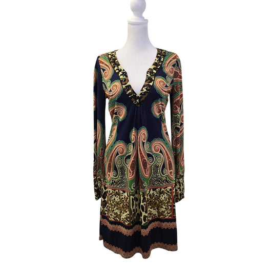 Hale Bob 100% Silk Paisley Print Jewel Embellished Mini Dress Size Small