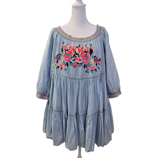 Free People Sunbeams Embroidered Off the Shoulder Tiered Boho Dress Size Large