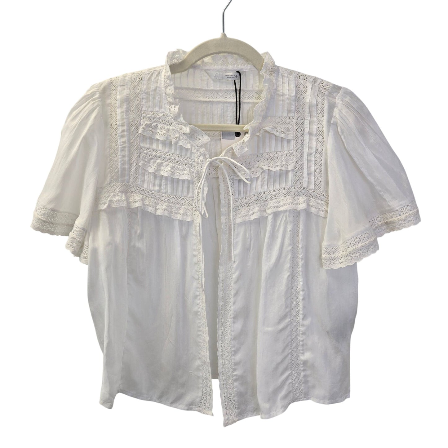 NWT Zara 100% Viscose Lace Satin Effect Tie Neck Blouse Size Small