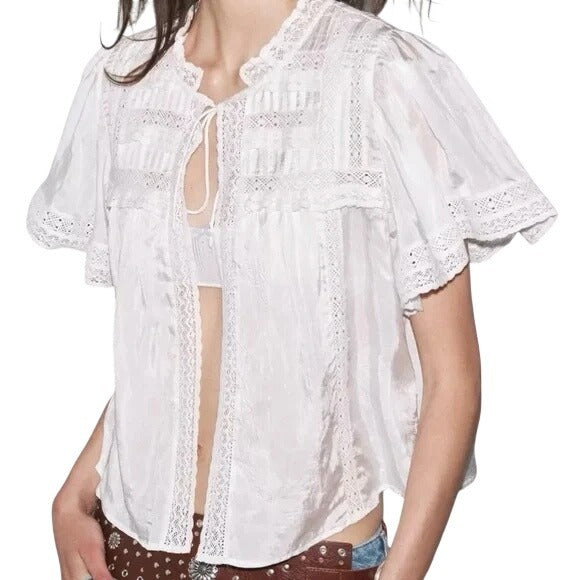 NWT Zara 100% Viscose Lace Satin Effect Tie Neck Blouse Size Small