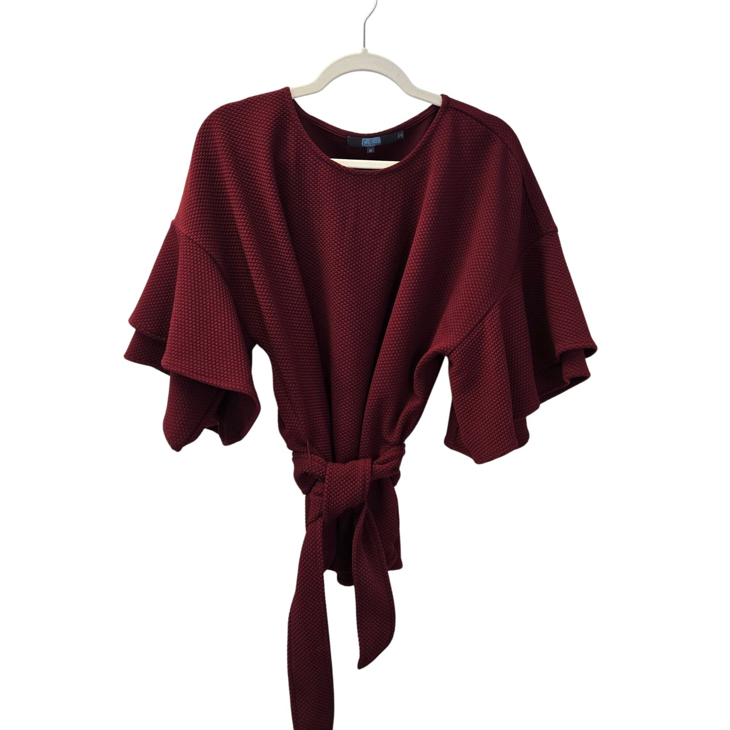 Anthropologie Eva Franco Burgundy Ruffle-Sleeve Tie-Waist Top Size Medium