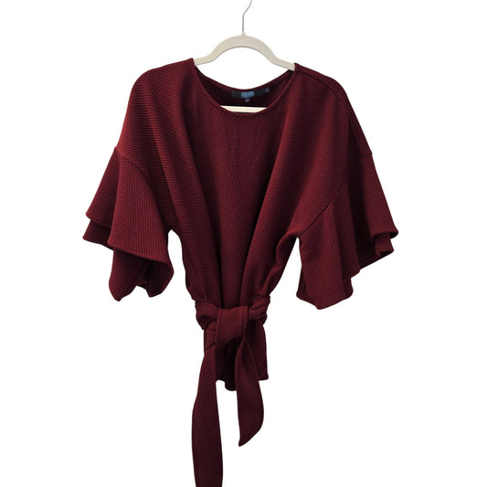 Anthropologie Eva Franco Burgundy Ruffle-Sleeve Tie-Waist Top Size Medium