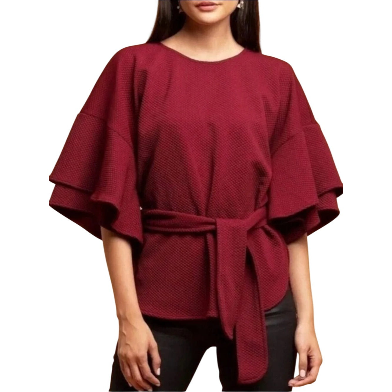 Anthropologie Eva Franco Burgundy Ruffle-Sleeve Tie-Waist Top Size Medium